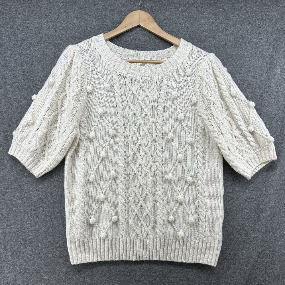 Blu Pepper Womens Large Off White Cable Knit Short Sleeve Pom Pom Puff Sweater